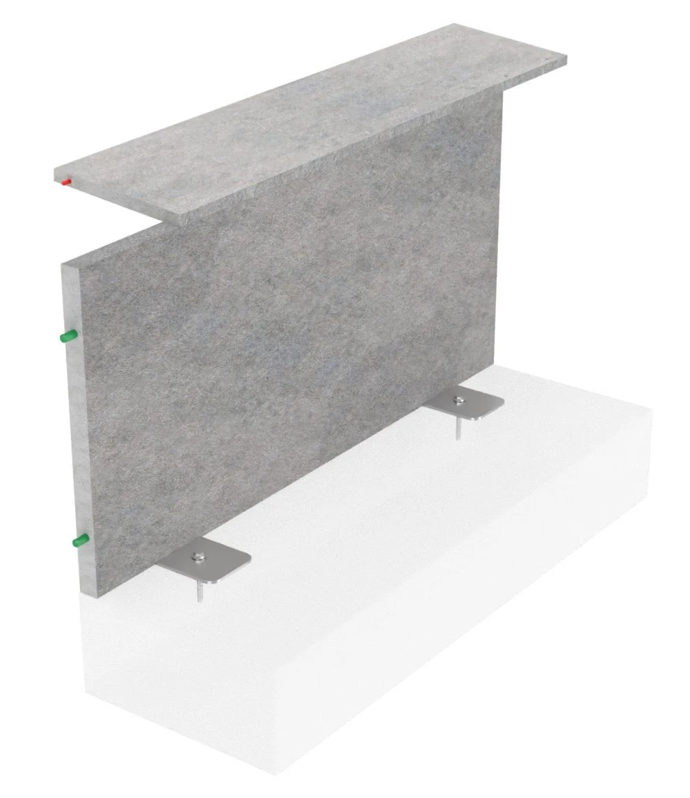 3D model of the overtec Attika system showing a prefabricated parapet element screwed onto a concrete base with metal brackets.