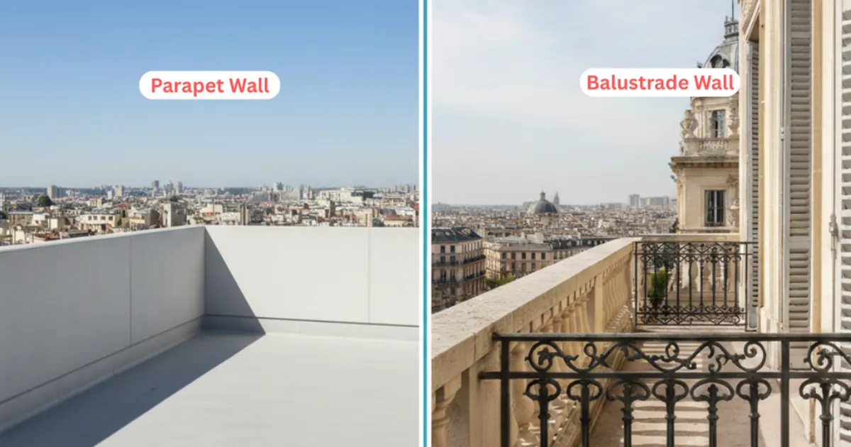 Comparison image showing a solid Parapet Wall on a modern roof versus an ornamental stone and iron Balustrade Wall on a classic balcony.