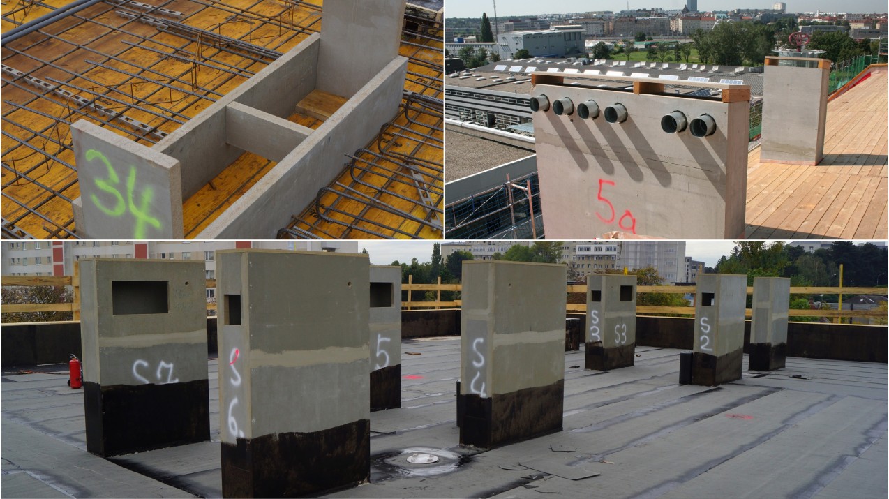 A large orange concrete pump arm reaches over a building construction site featuring yellow scaffolding and Overtec formwork elements.