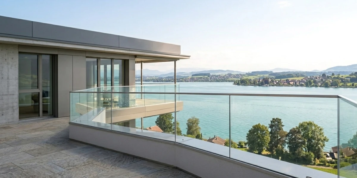 Sicherheitsglas-Geländer aus VSG an einer modernen Balkonbrüstung mit Blick auf einen See.