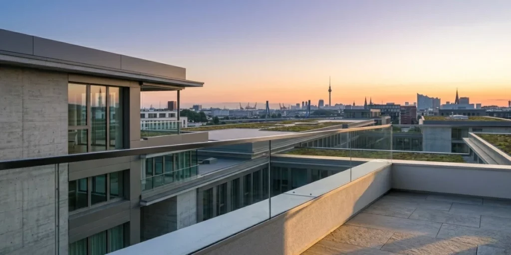 Minimalist luxury penthouse roof terrace in Berlin showcasing a perfectly level white parapet wall at sunset.
