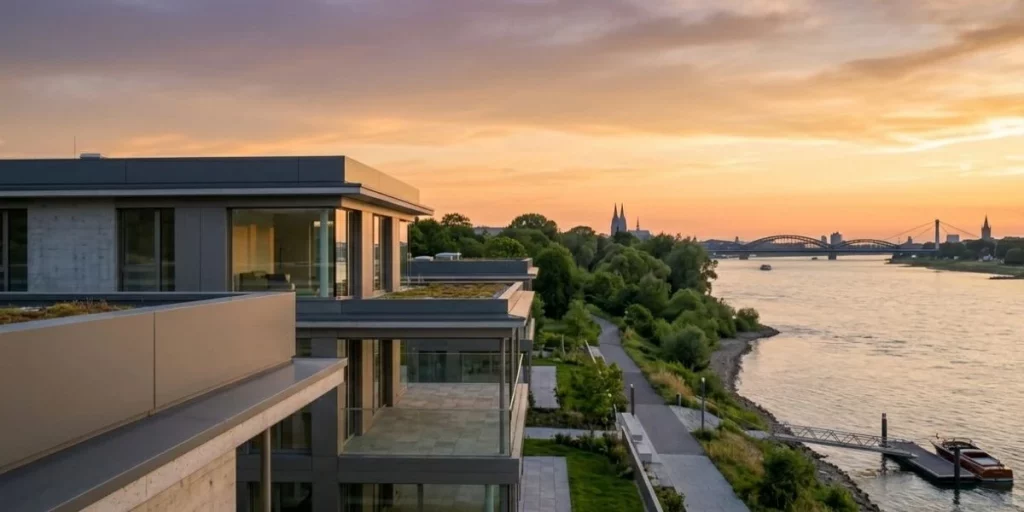 Modern premium residential building in Germany at sunset highlighting high-quality parapet wall materials.
