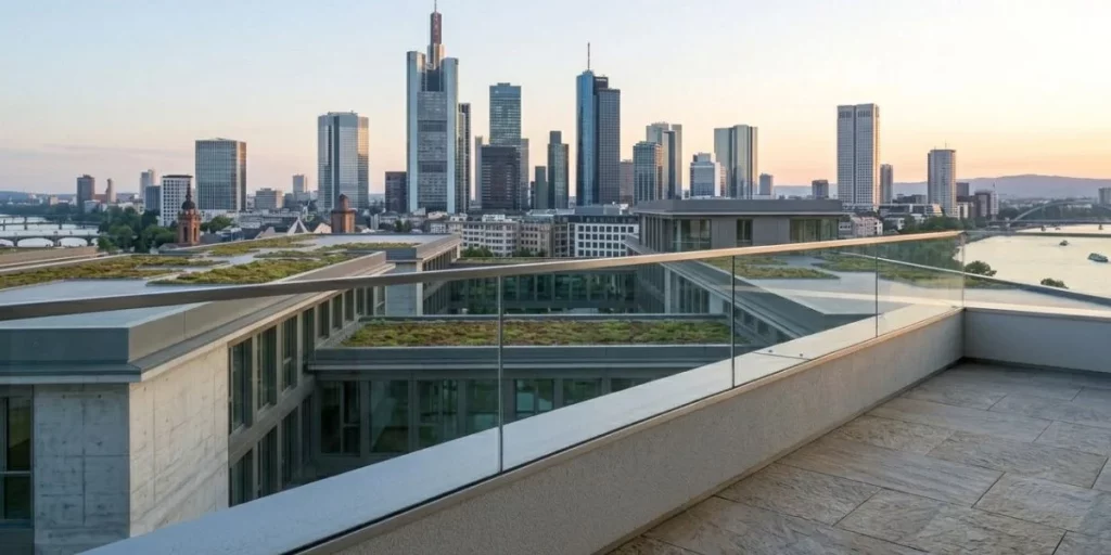 High-rise rooftop in Frankfurt featuring a safety-compliant 1.10 meter parapet wall and railing.