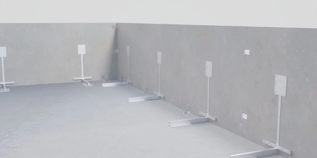 3D technical model showing the precision mounting of precast parapet elements to a concrete slab.

