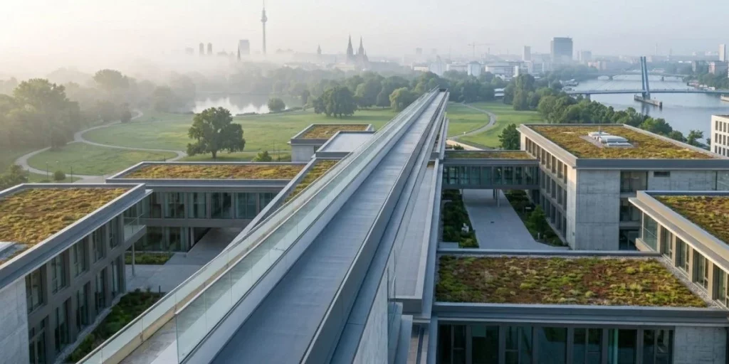 Innovative office complex construction site in Berlin using prefabricated parapet elements.
