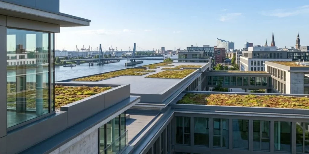 Sleek modern office building in Hamburg HafenCity showcasing professional parapet construction.
