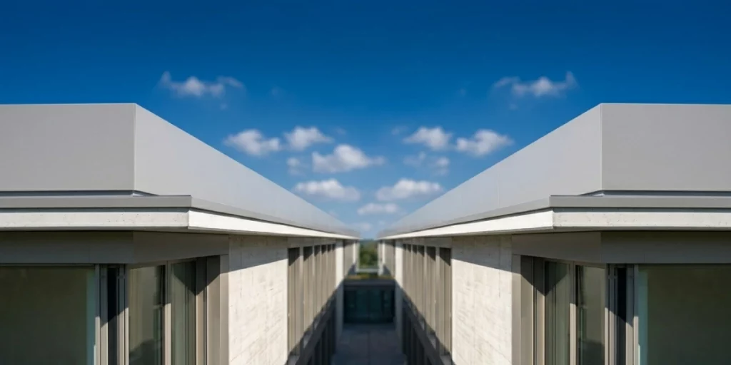  Long, symmetrical roof edge of a contemporary building showing grey high-quality parapet capping against a blue sky.
