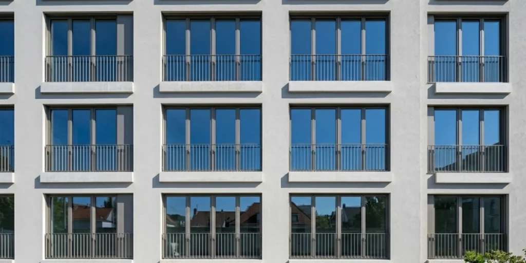 Symmetrical residential facade in Berlin featuring windows with integrated steel safety railings and compliant parapet heights.

