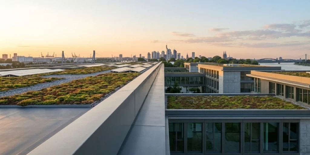 Wide-angle view of a continuous, perfectly straight parapet wall on a commercial building under low afternoon sunlight.