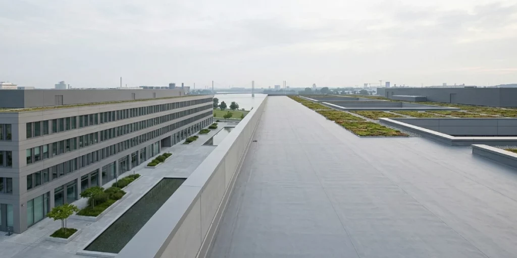 Cinematic architectural shot of a minimalist corporate headquarters showing the vast, seamless line of a flat roof parapet.
