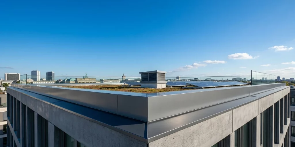 Close-up of a precision-engineered aluminum parapet cap with a distinct drip edge on a modern building in Berlin.