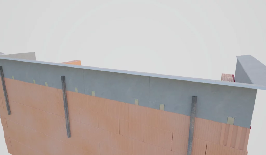 Konstruktives Detail einer Ziegelmauer-Attika im Bau.