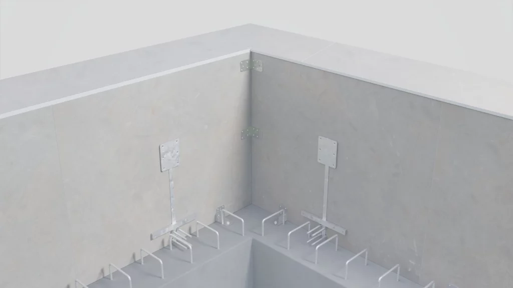 Konstruktion einer Betonmauer im Flachdachbereich.
