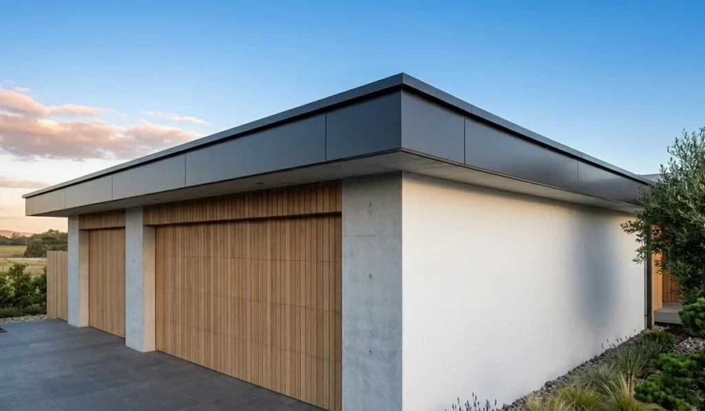 Architektonisch anspruchsvoller Dachabschluss einer modernen Garage.