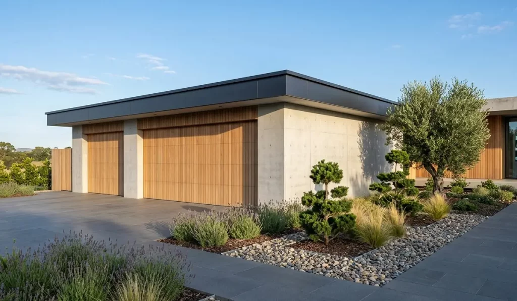 Modernes Garagen-Design mit architektonischem Attika-Abschluss.