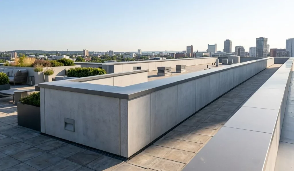 Construction detail of a parapet wall in modern roof construction