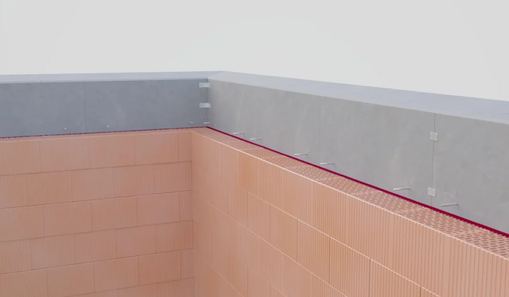 Anschlussdetail einer Ziegelmauer an die Attika.